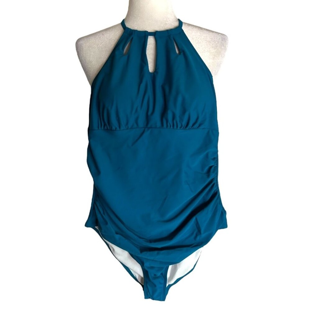 NWT Cupshe Turquoise Halter‎ One-Piece Swimsuit With Keyhole Front